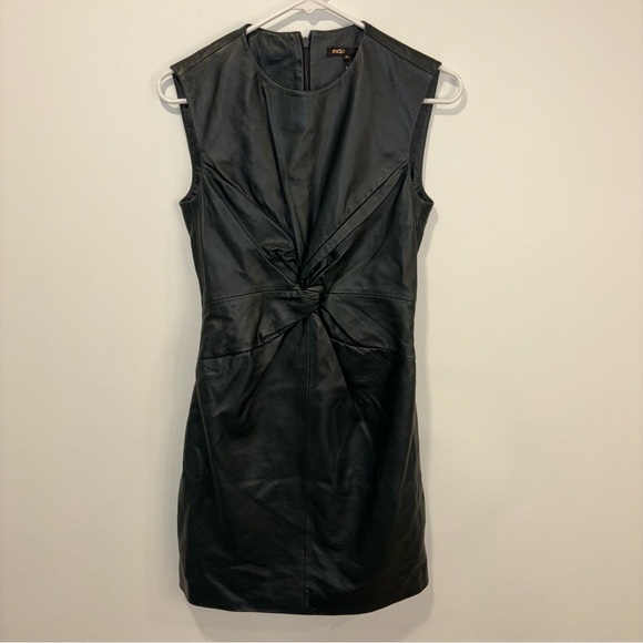Maje Lambs Leather Mini Dress Twist Knot Front Black Bodycon Party Sleeveless - Picture 1 of 11
